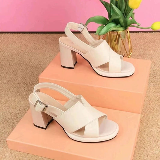 Women's Cowhide High Summer Small Thick-soled Peep Heels