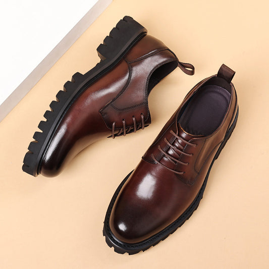 Business British Round Head Elevator Soft Leather Shoes