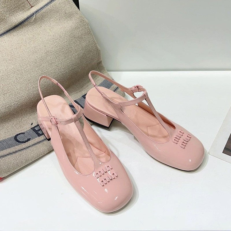 Women's Chunky Summer Patent Buckle Closed Toe Mary Heels