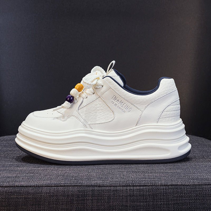 Women's White Autumn Round Toe Lace Up Height Casual Shoes