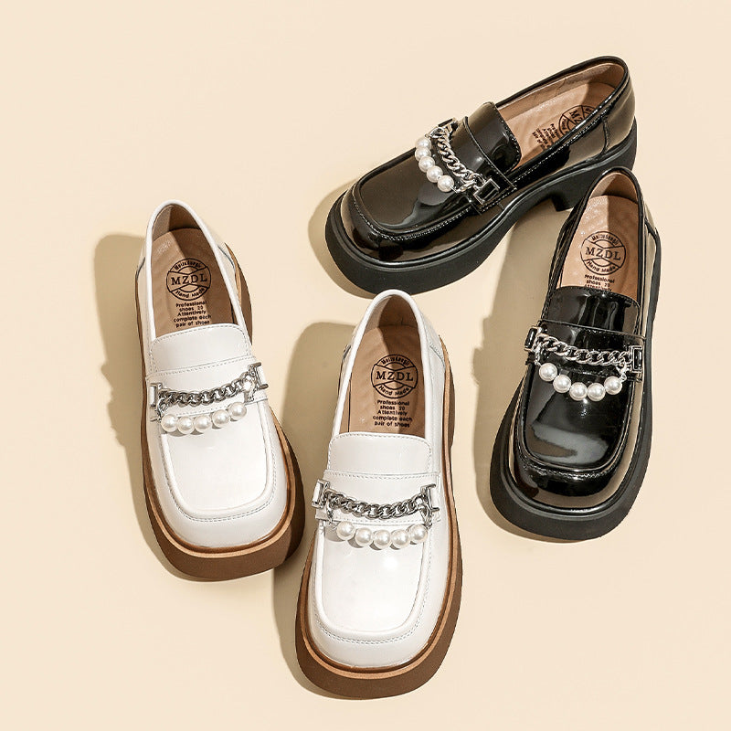 Women's Thick-soled Glossy Pearl Chain Slip-on Uniform Casual Shoes