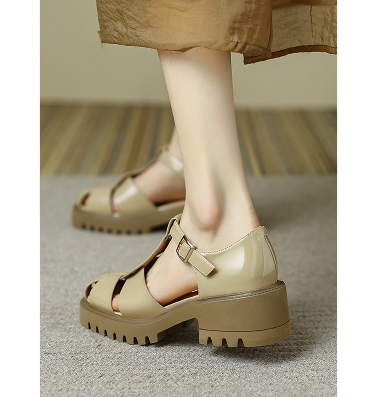 Women's Weave Roman Thick Bottom Toe Cap Heels