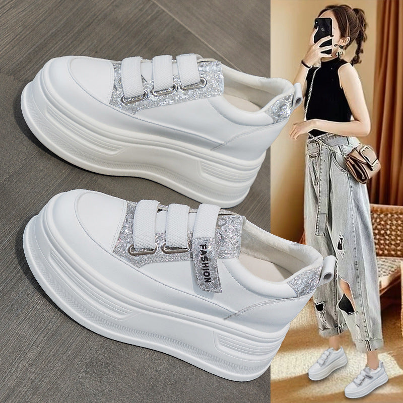 Women's Hidden White Platform Muffin Velcro Rhinestone Sports Women's Casual Shoes
