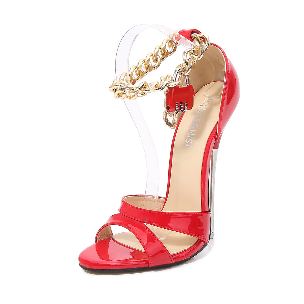 Women's Lock Head Metal Chain Pointed Toe Heels