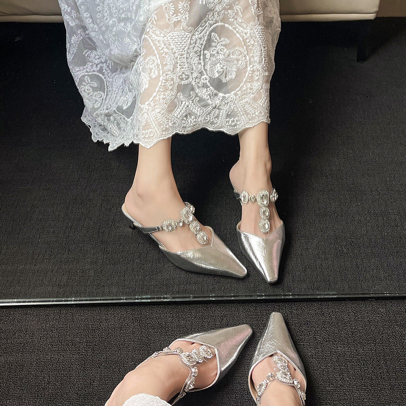 Beautiful Sier Half Diamond With Closed Toe Heels
