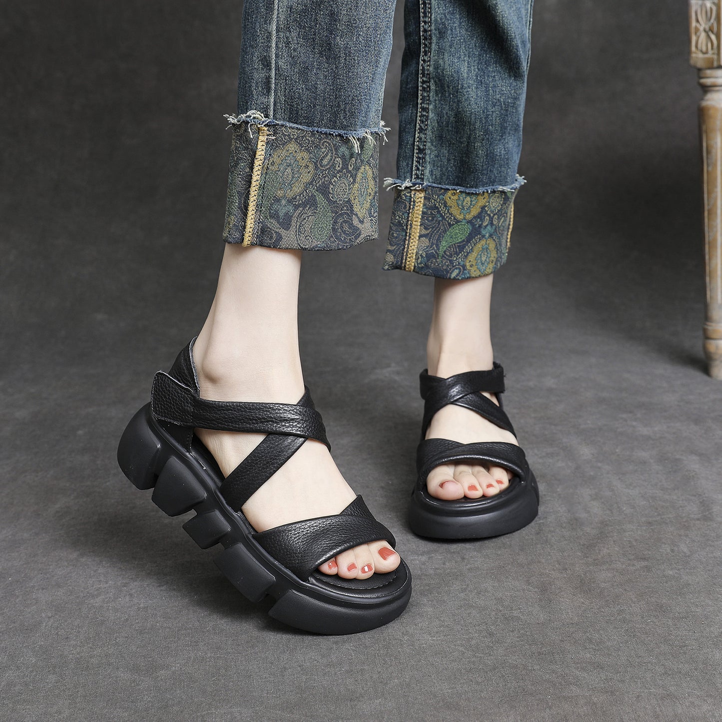 Women's Genuine Platform Summer Retro Style Increased Open Sandals