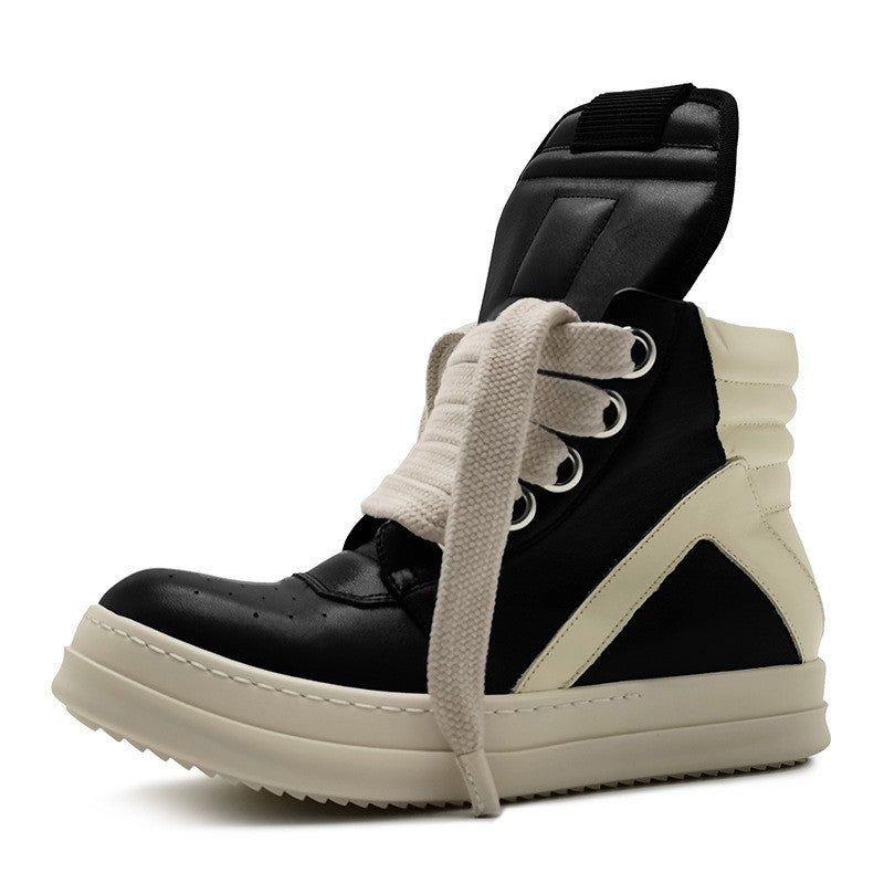Men's Cowhide Inverted Triangle Wide Shoelace Thick Boots