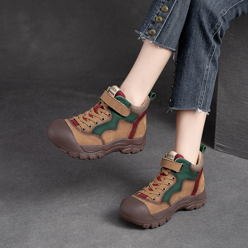 Women's Color Round Head Thick Bottom Pigskin Casual Shoes