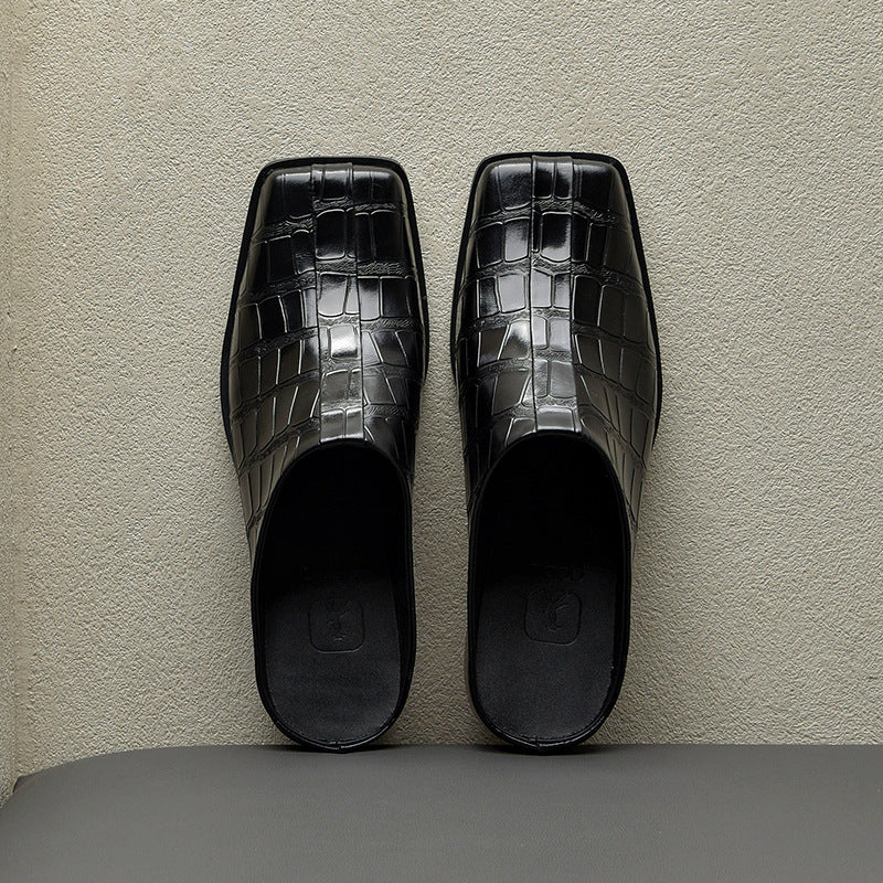 Men's British Crocodile Embossed Cowhide Squared Head Sandals