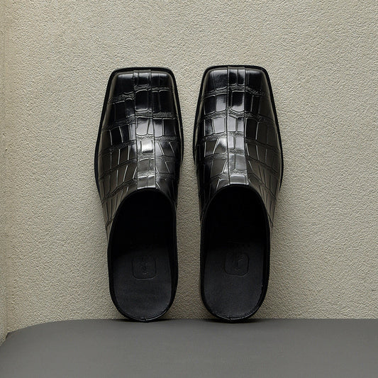 Men's British Crocodile Embossed Cowhide Squared Head Sandals