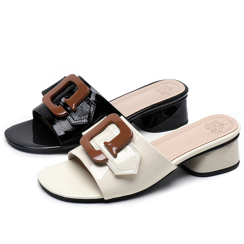 Women's Summer Patent Cowhide Stylish Peep Toe Comfortable Thick Low Sandals