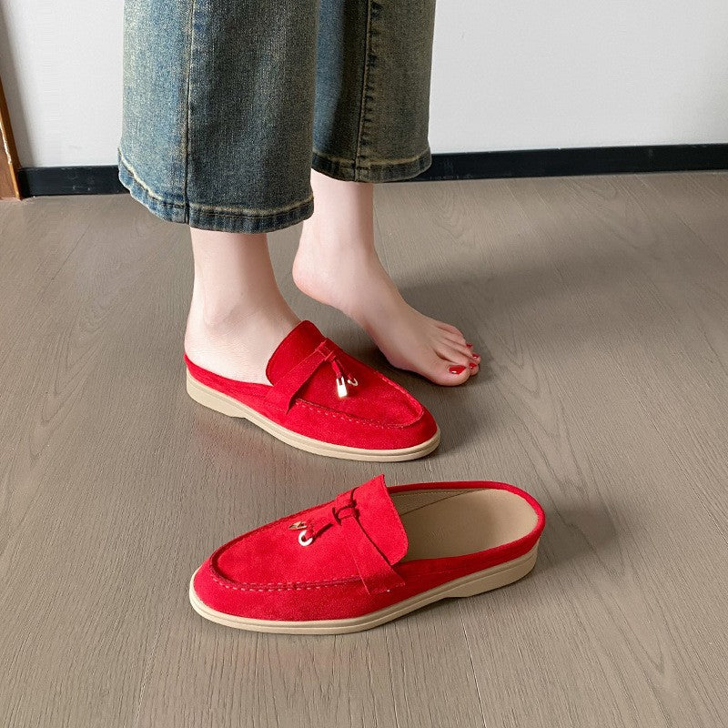 Women's Fleece-lined Sheepskin Version Tassel Lock Flat Slip-on Lofter Soft Loafers