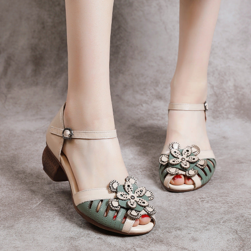 Women's Layer Cowhide Hollow Fish Mouth Strap Heels