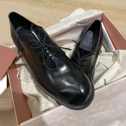 Women's & Men's On The Crooked Derby British Style Round Head Big Leather Shoes