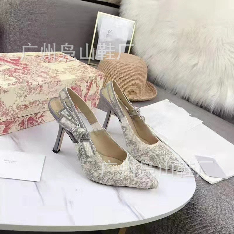 Women's Embroidered Strap Stiletto Pointed Toe Slingback Heels