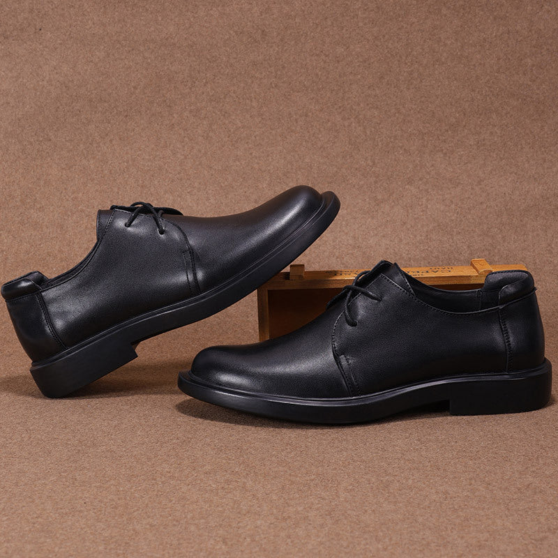 Men's Black String Strap Round Toe Pigskin Leather Shoes