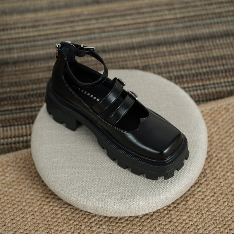 Women's Jane Preppy Style Black Square Toe Platform Muffin Women's Shoes