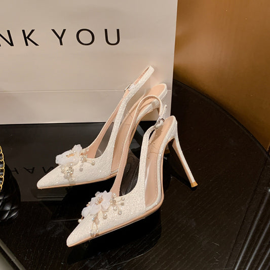 Women's French Style White Flower Wedding Stiletto Pointed Heels