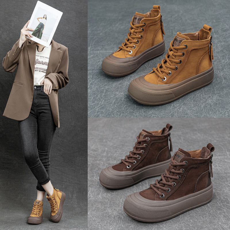 Women's Cowhide Platform Retro Ankle Autumn Genuine Large Round Boots