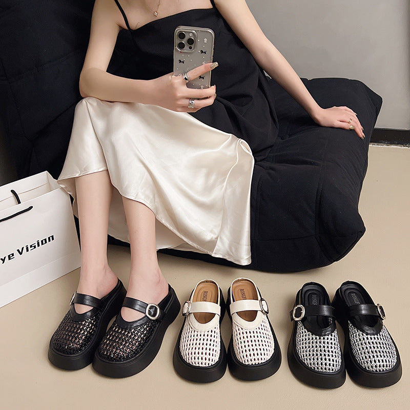 Style Woven Hollowed Closed Toe Half Summer Versatile Breathable Slippers