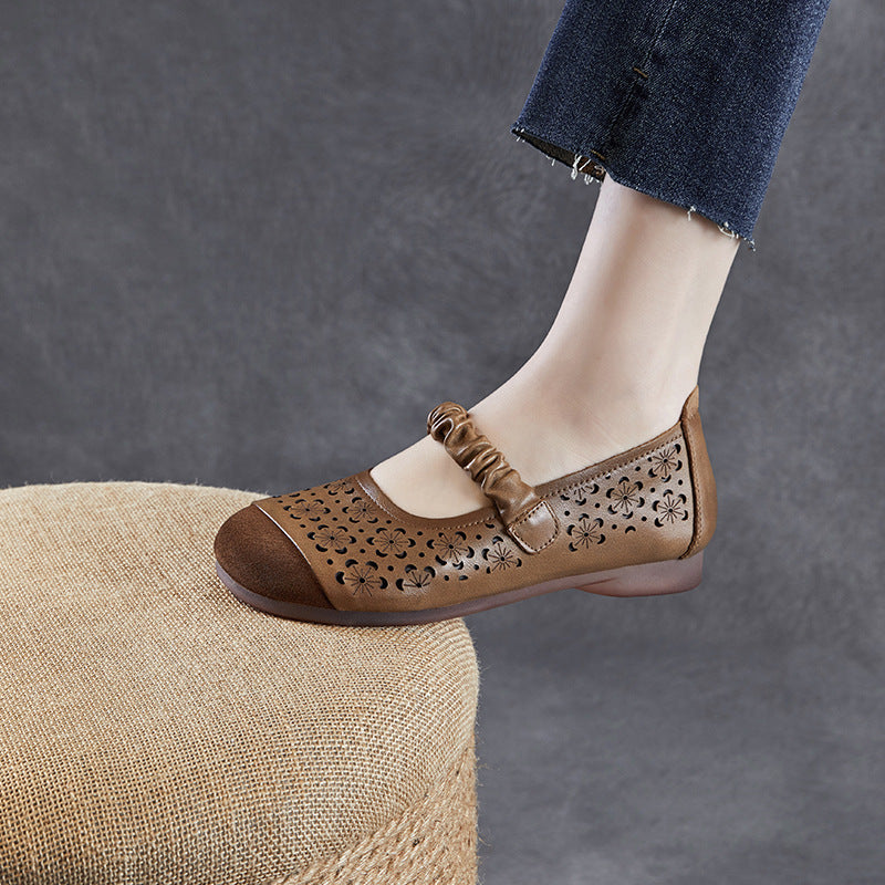 Women's First Layer Cowhide Retro Hole Hollow Breathable Soft Bottom Casual Shoes