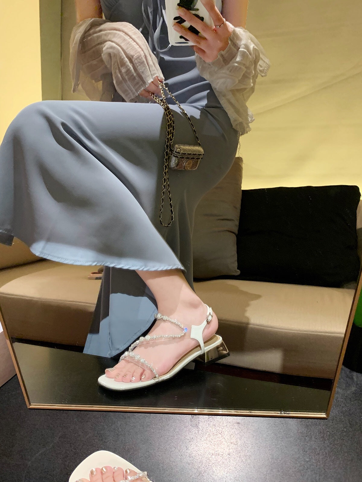 Women's Cute Gold Square Toe Transparent Rhinestone Sandals