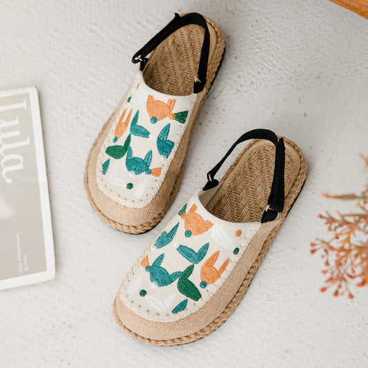Fox Embroidery Flat Bottom Summer Deep Mouth Toe Sandals