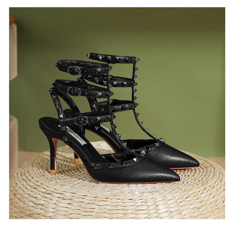 Women's Rivet Willow Stiletto Three-ring Strap Fashion Heels