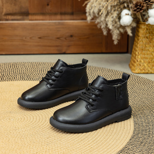 Women's Real Cowhide Flat Ankle Thick Veet Retro Soft Boots