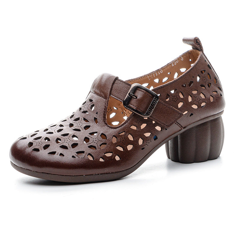 Women's Soft Bottom Punching Top Layer Cowhide Round Heels