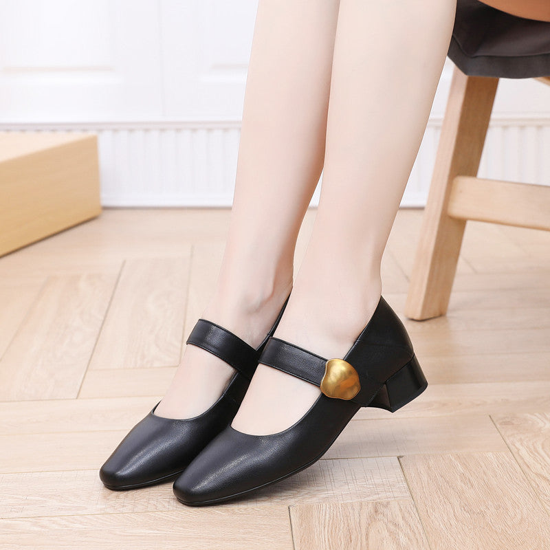 Women's Square Toe Genuine Spring Chunky Low-cut Fashion Women's Shoes