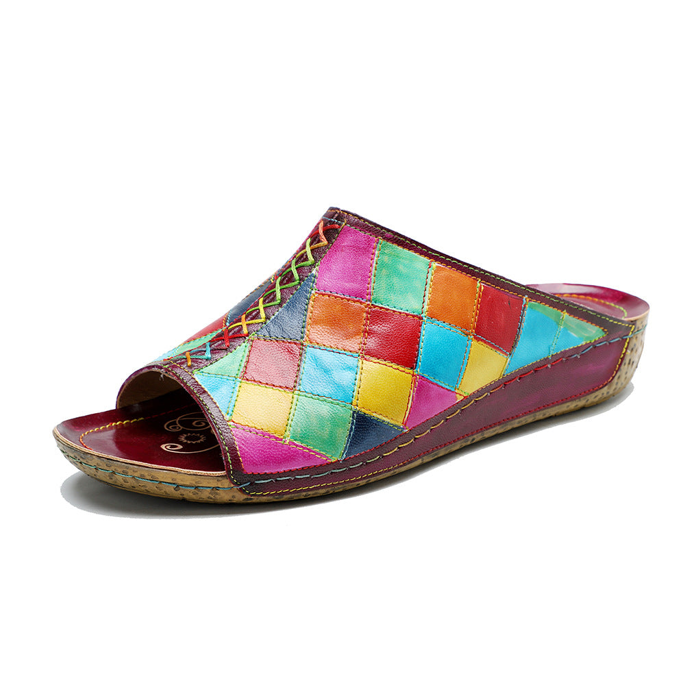 Genuine Hand-rub Color Retro Check Comfortable Sandals