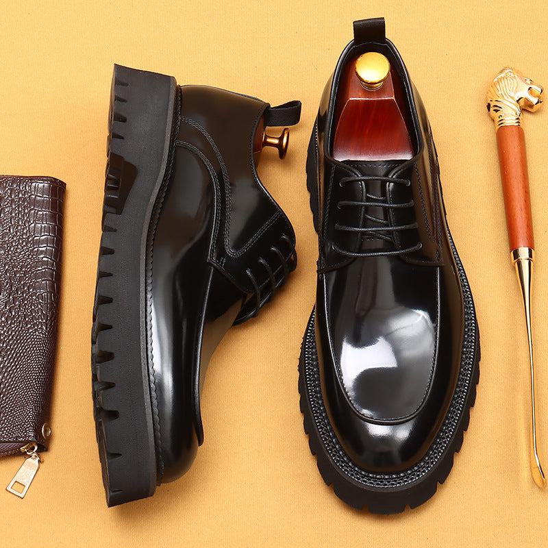 Men's Thick-soled Round Toe Bright Genuine Elevator Men's Business Leather Shoes