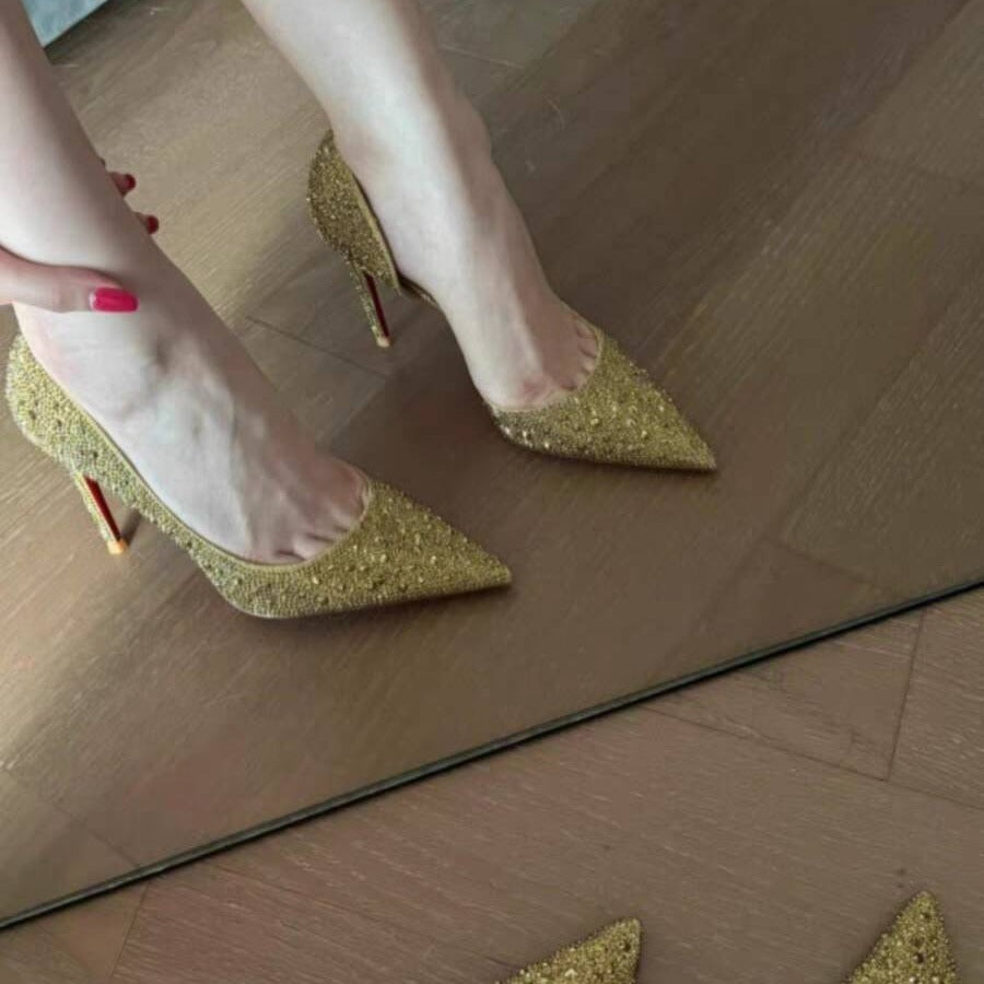 Women's Side Empty Red Bottom Full Diamond Gold High Heels
