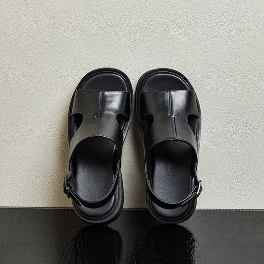 Men's Layer Cowhide Summer Breathable Deodorant Platform Sandals