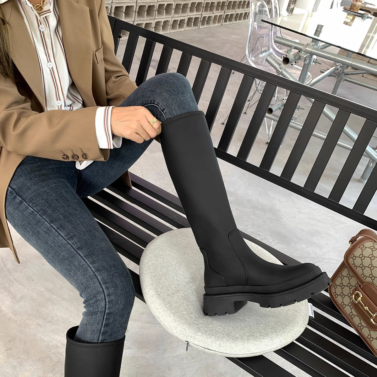 In The World Green Black Below Knee Platform Boots