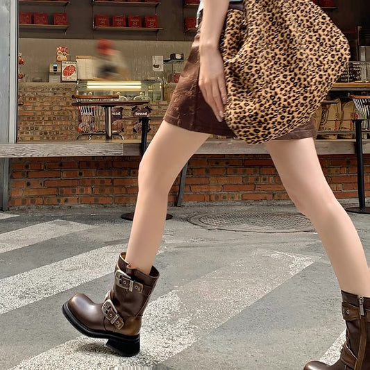 Women's Square Toe Middle Motorcycle Mid Western Boots