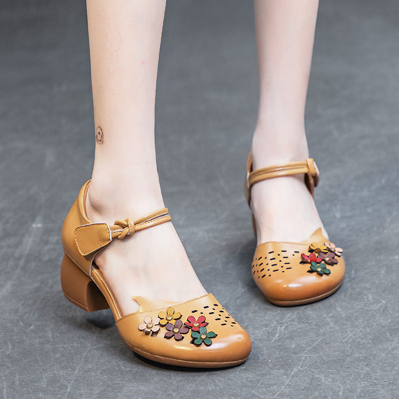 Women's Thick Mid Round Toe Brushed Hollow Heels