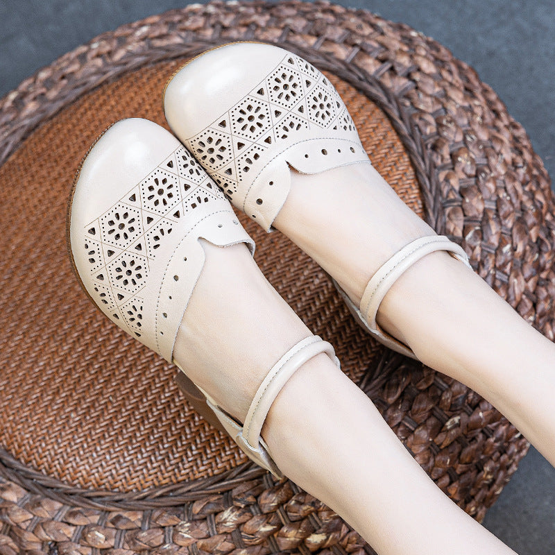 Women's Hollowed Summer First Layer Cowhide Closed Toe Heels