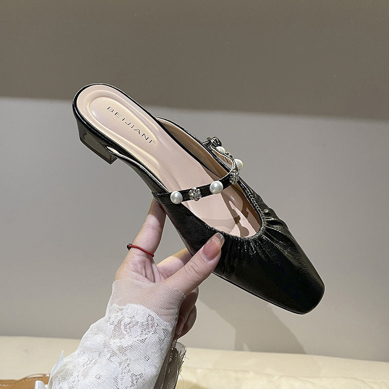 Women's Pearl Slide Thick Pleated Square Toe Heels