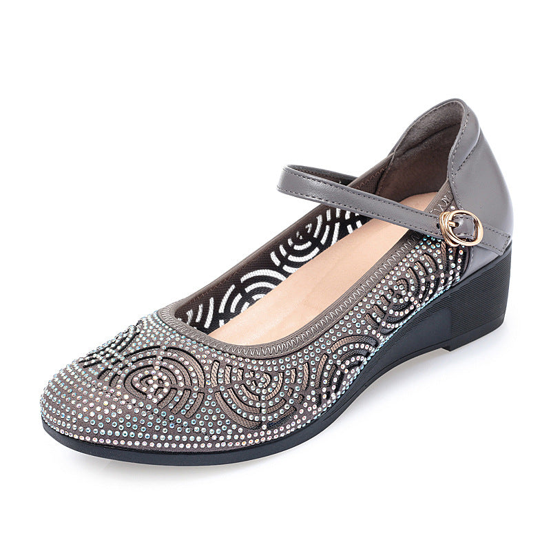 Women's Flat Middle Wedge Genuine Pumps Hollow Sandals