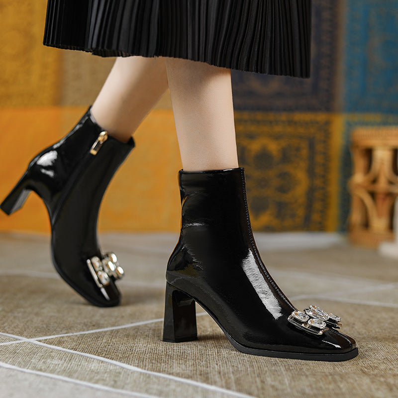 Women's Square Buckle Toe Chunky Side Zip Boots