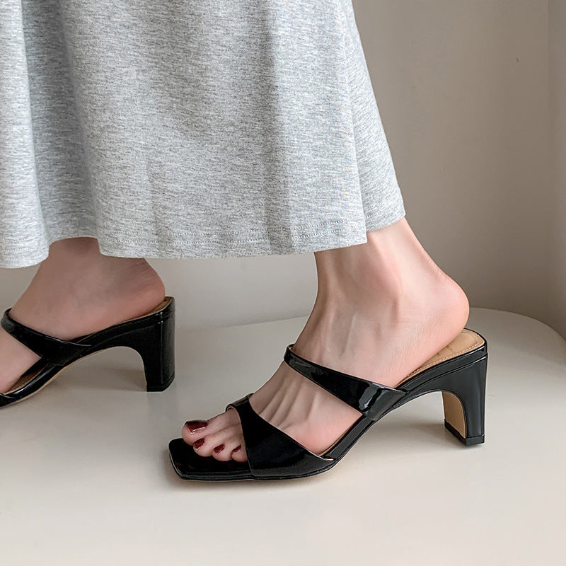 Women's Thick High Square Toe Open Patent Heels
