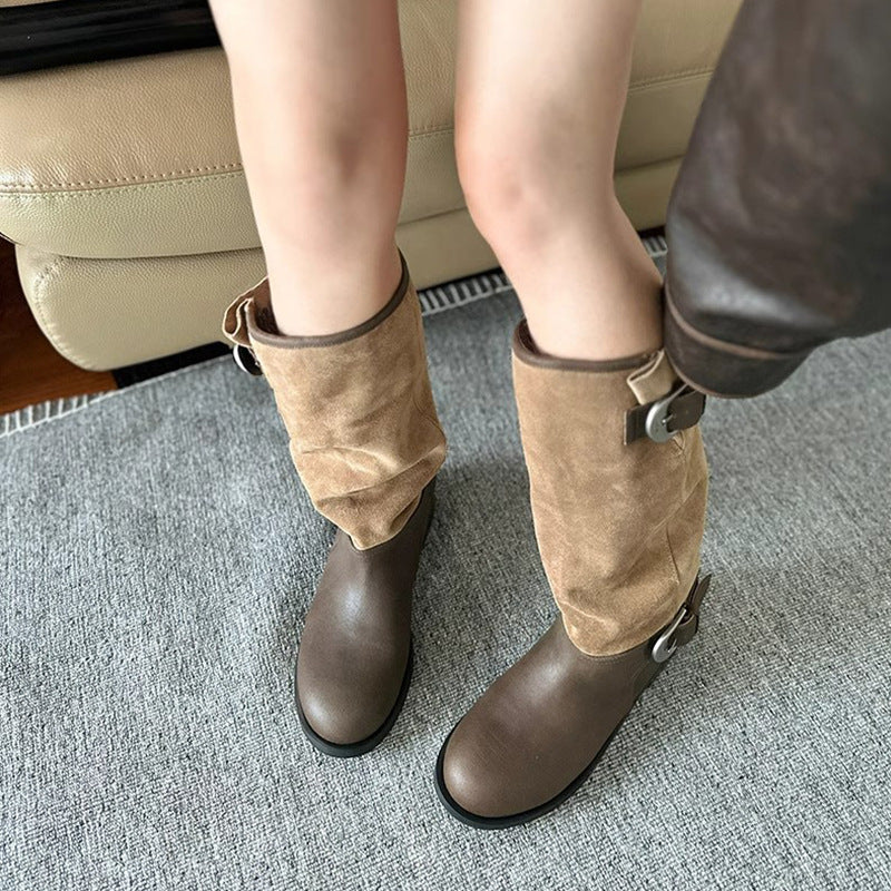 Women's Retro Pleated Pile Style Middle Belt Buckle Big Tube Boots