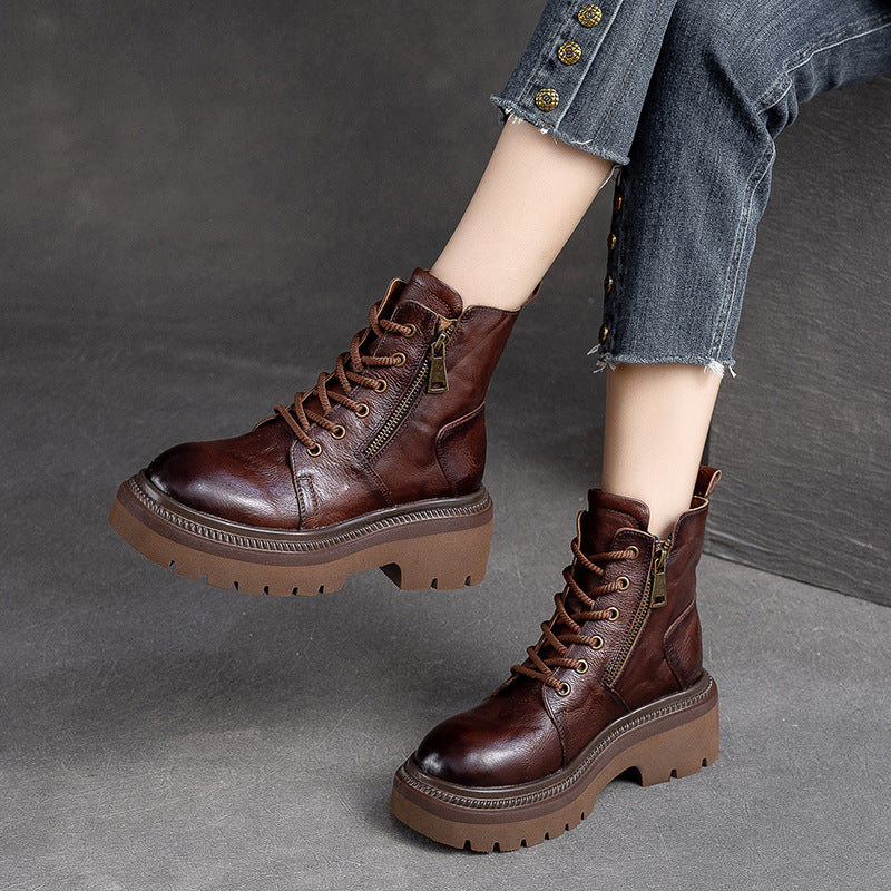 Women's & Men's Thick-soled British Style Ankle Top Layer Cowhide Boots