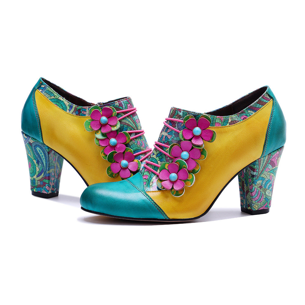 Color Matching Three-dimensional Flower Side Zipper Chunky Women's Fashion Shoes