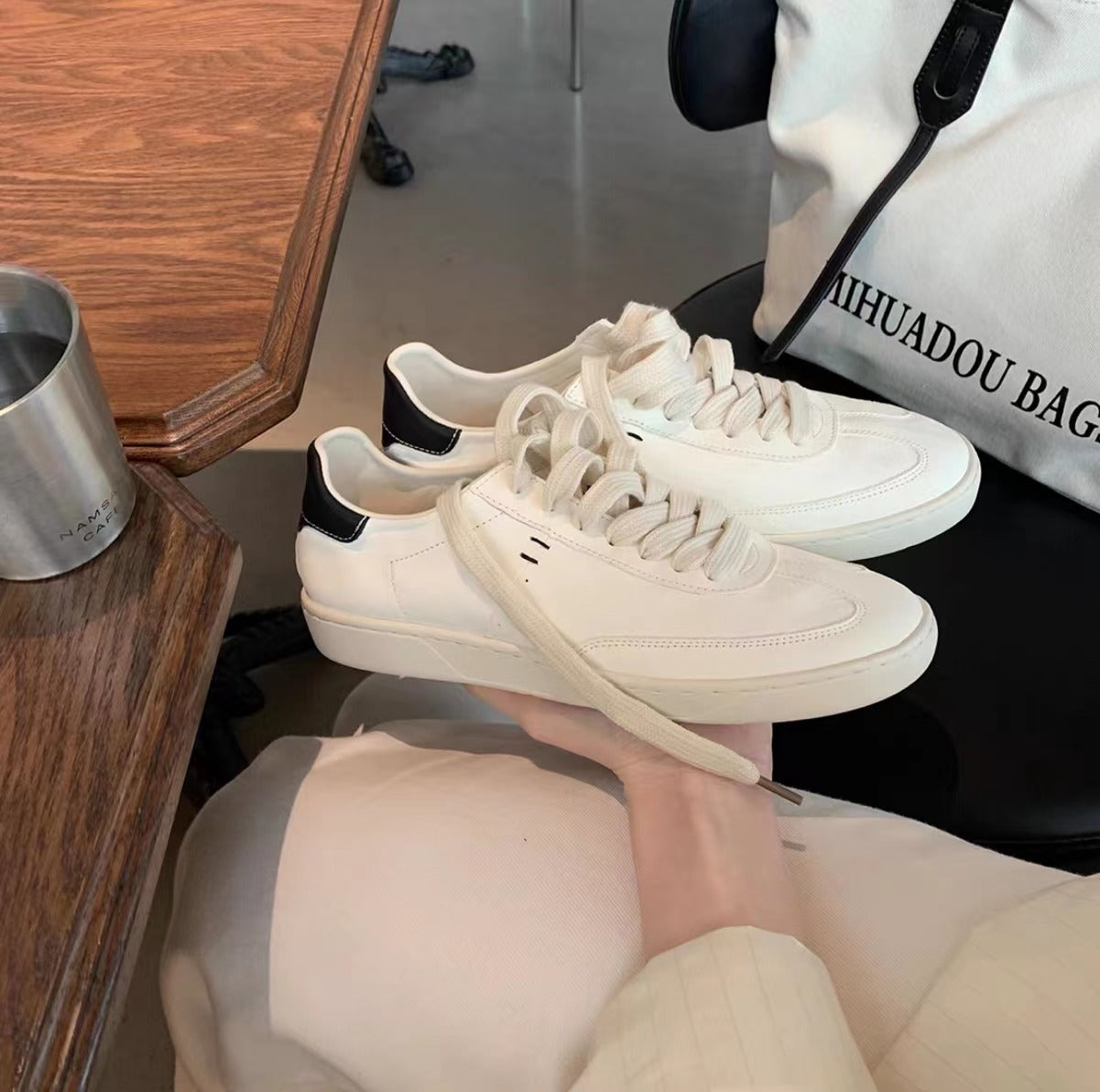 Women's Cowhide White Sports Round Toe German Sneakers