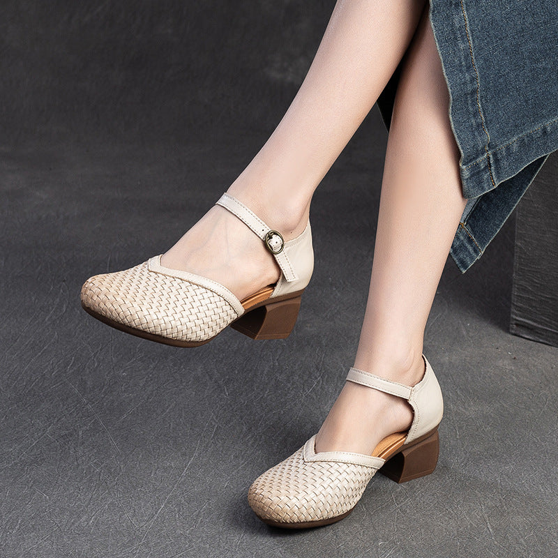 Women's Closed Toe Breathable Retro Small Woven Heels