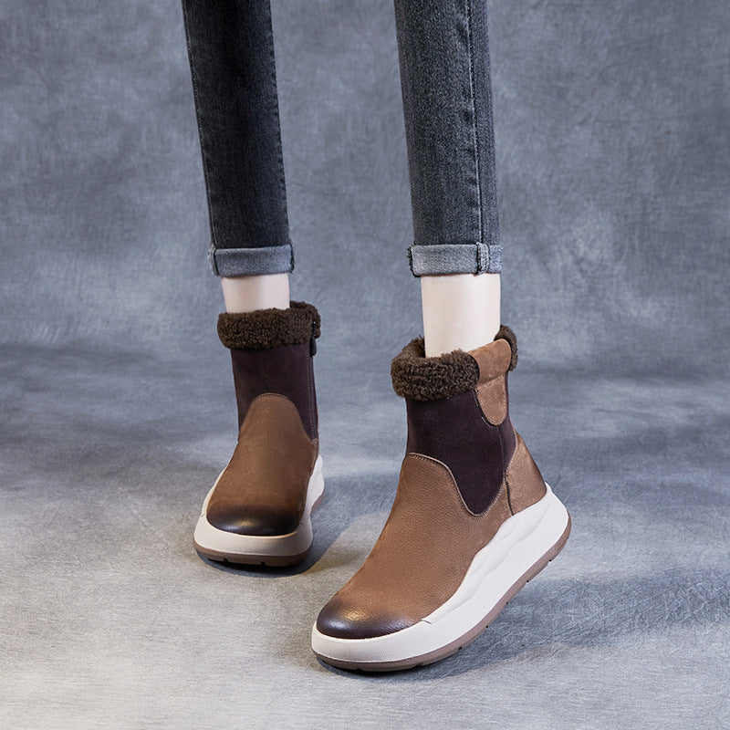 Women's Retro Color Matching First Layer Cowhide Real Snow Boots