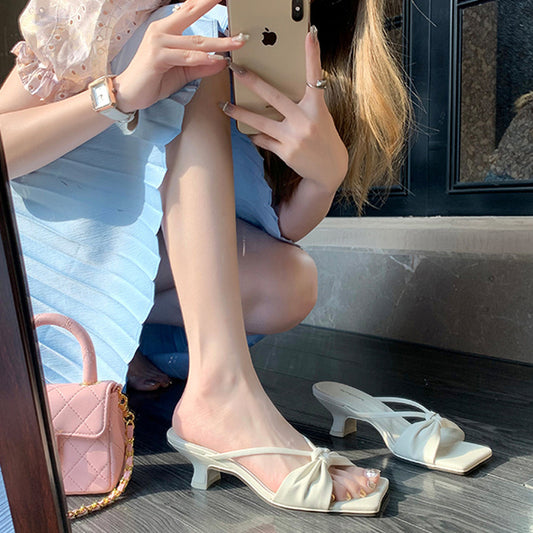 Women's Mom French High Bow Square Toe Stiletto Sandals